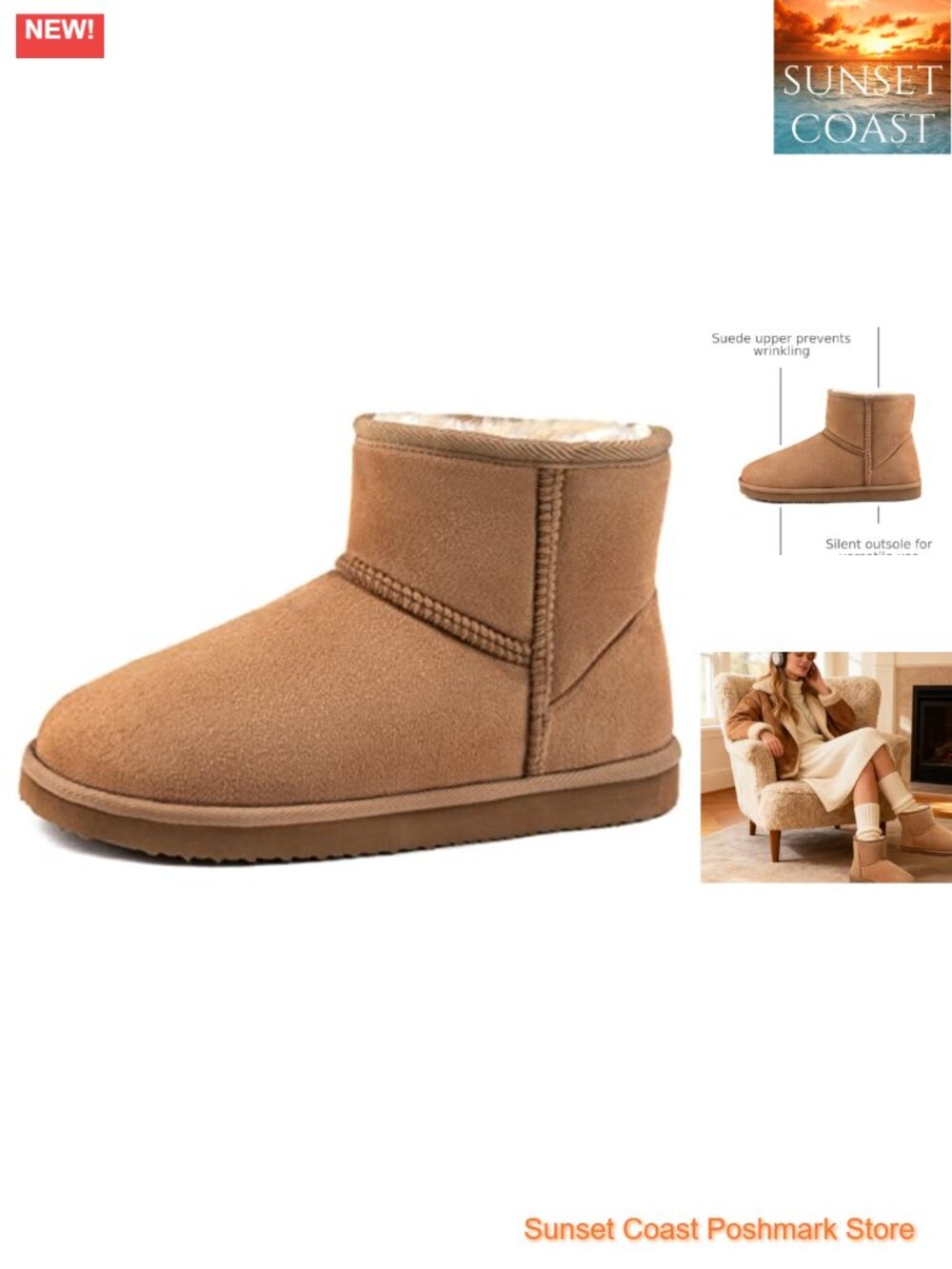 Women's Suede Bootie Slippers Fuzzy Lining Hard Bottom Winter House Shoes